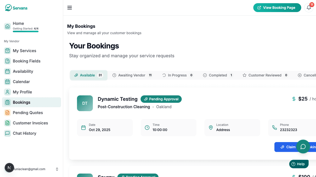 Servana bookings page